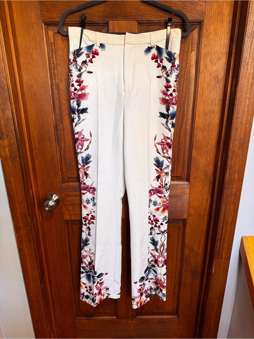 275. Zara Cream Floral Boot-Cut Pants with Burgundy & Navy Accents - Picture 2 of 10